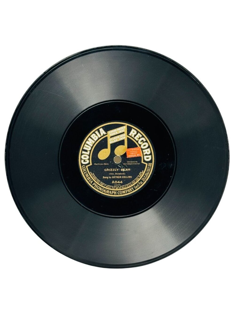 Arthur Collins Grizzly Bear 10in Shellac 78 RPM Columbia Records A844 Vintage